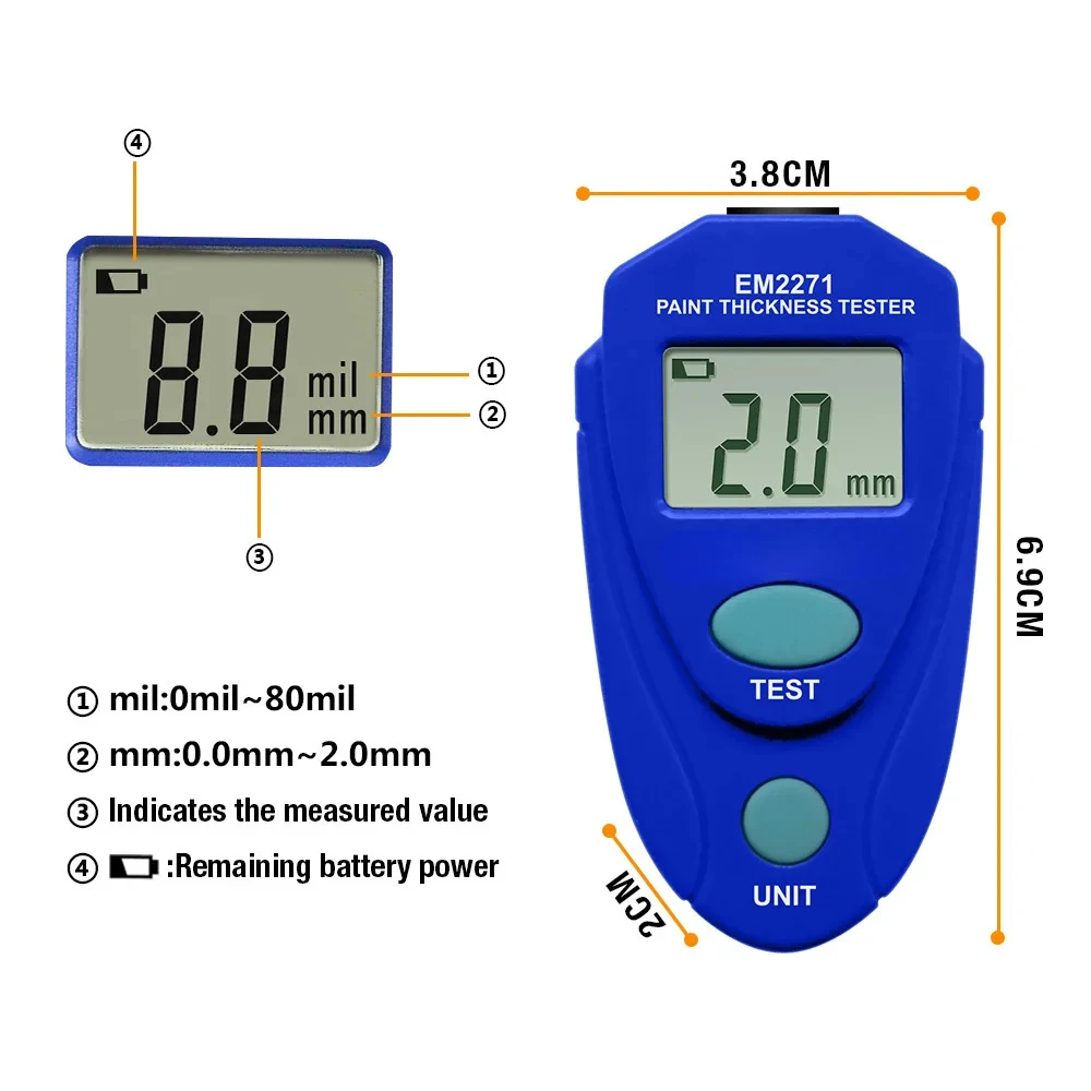 For Em2271 Em2271a Digital Mini Automobile Thickness Gauge Car Paint Tester Thickness Coating Meter Ship From Russia