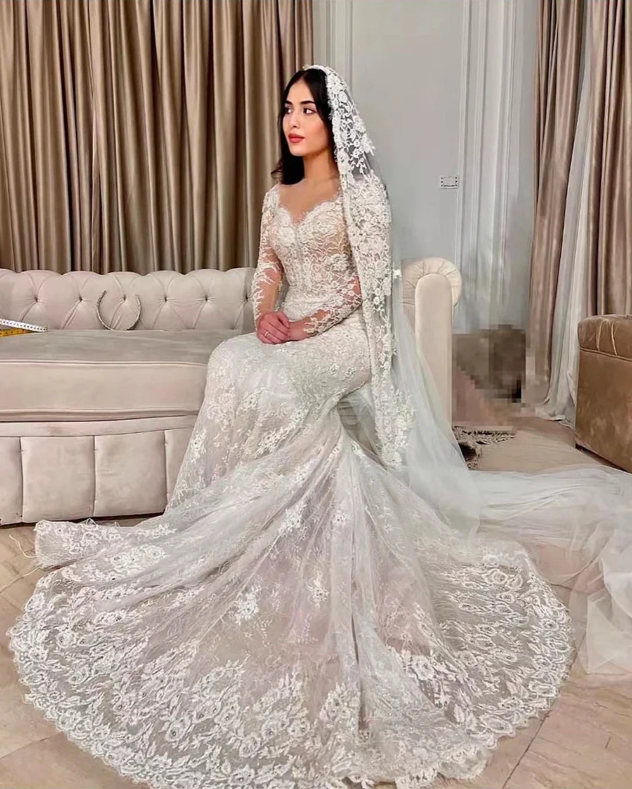Customized Luxury Mermaid Wedding Dresses 2025 Detachable Train Romantic Lace Long Sleeve Bride Dresses For Vestidos De Novia