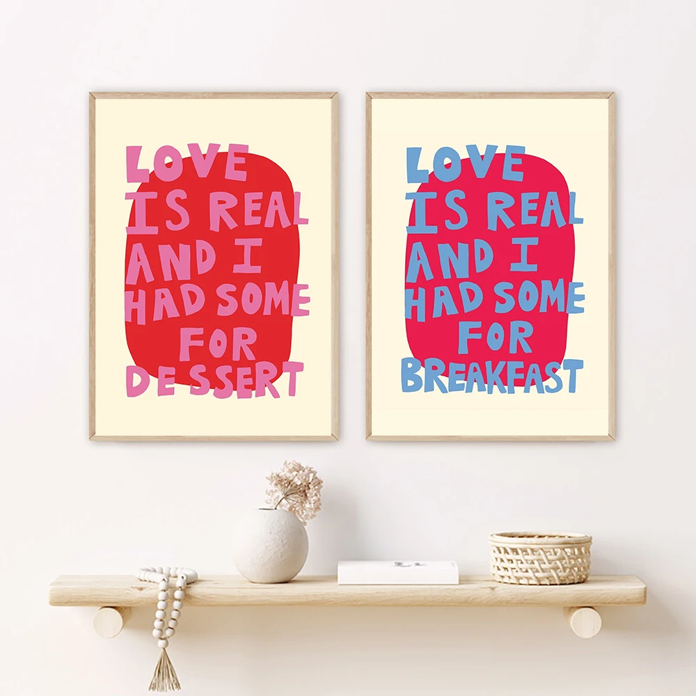 Funky Eclectic Pink Colorful 'Love is Real' Quote Posters Maximalist Wall Art Prints Canvas Painting For Living Room Home Decor