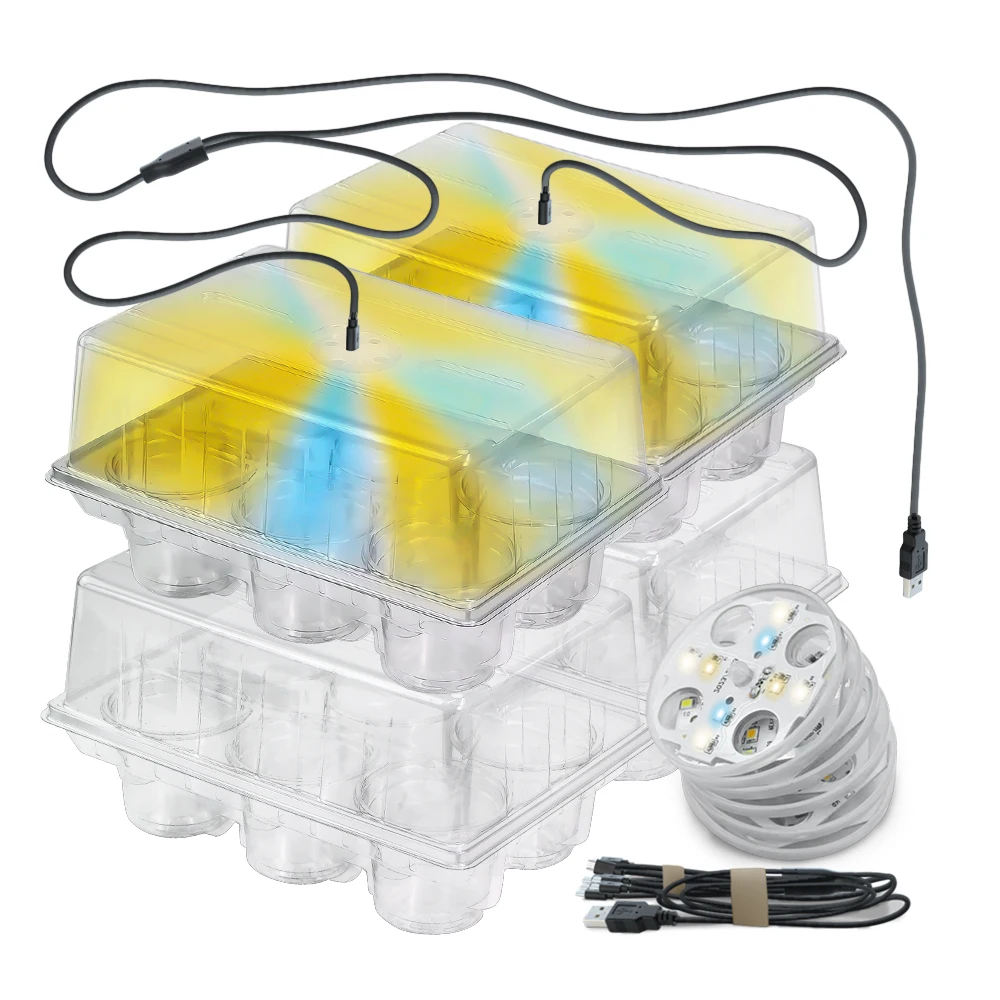 LED Grow Light Nursery Cup Tray Kit Full-Spectrum Plant Starter Transparent PET Tray for Tomato Pepper Eggplant Seed Germination