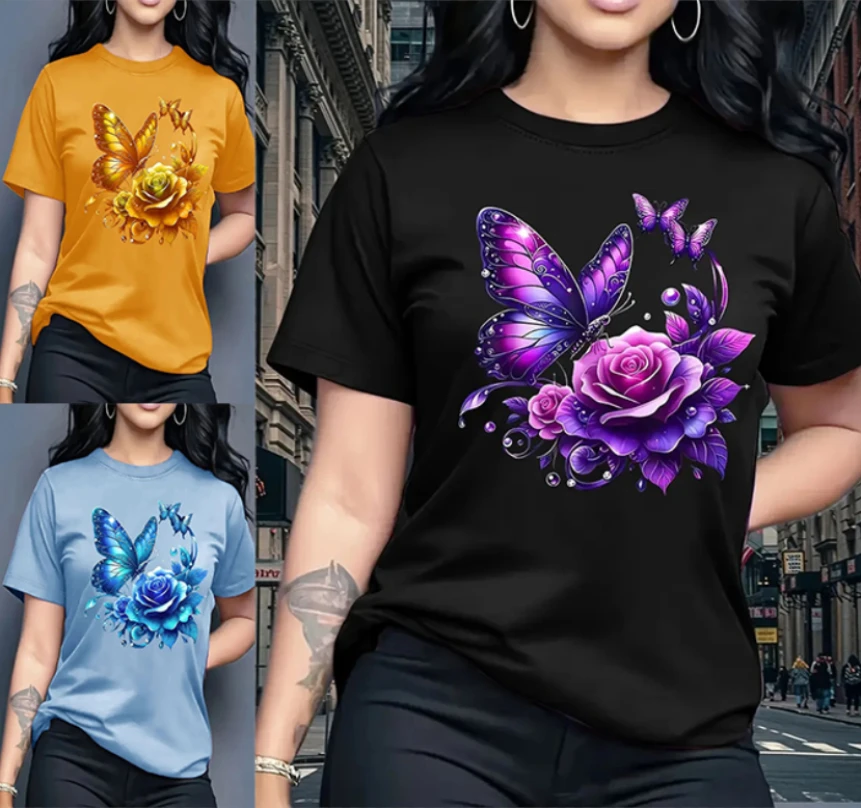 Hot Selling Women's Elegant Butterfly Rose Printed Quick Drying Short Sleeved T-shirt Outdoor Sports Round Neck Top Holiday Gift