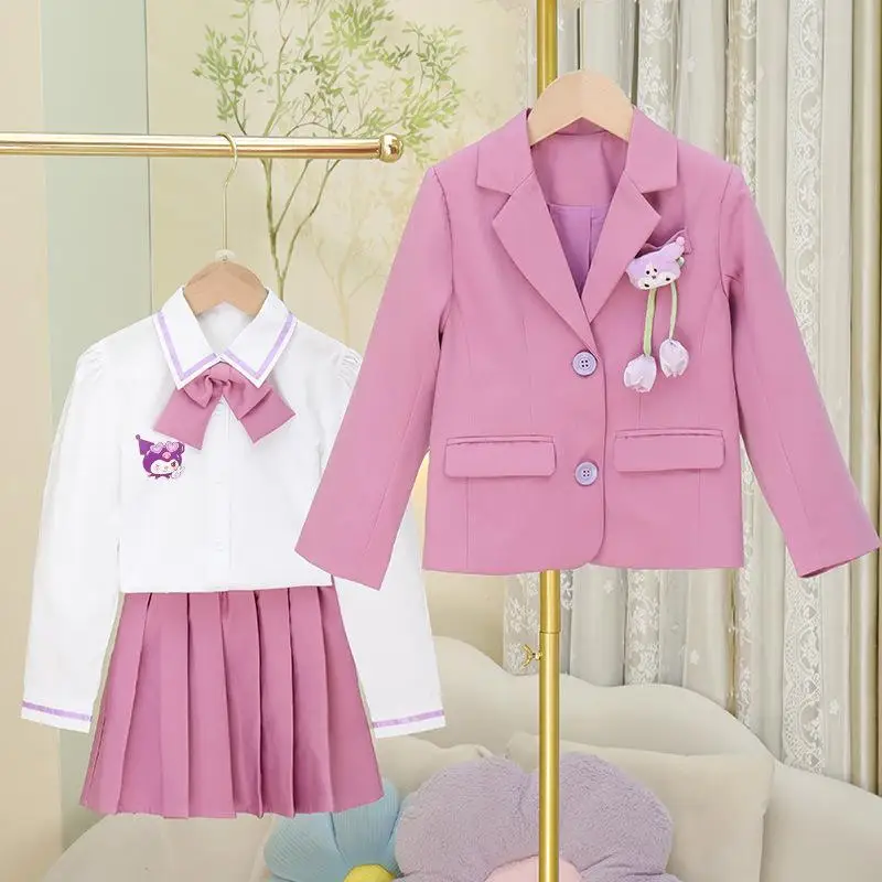 

Рубашка Sanrio для девочек, пальто, юбка, комплект Kuromi Kawaii, аниме, студенческие осенние топы с лацканами, плиссированная юбка, комплект из 3 предметов, детская одежда, новинка