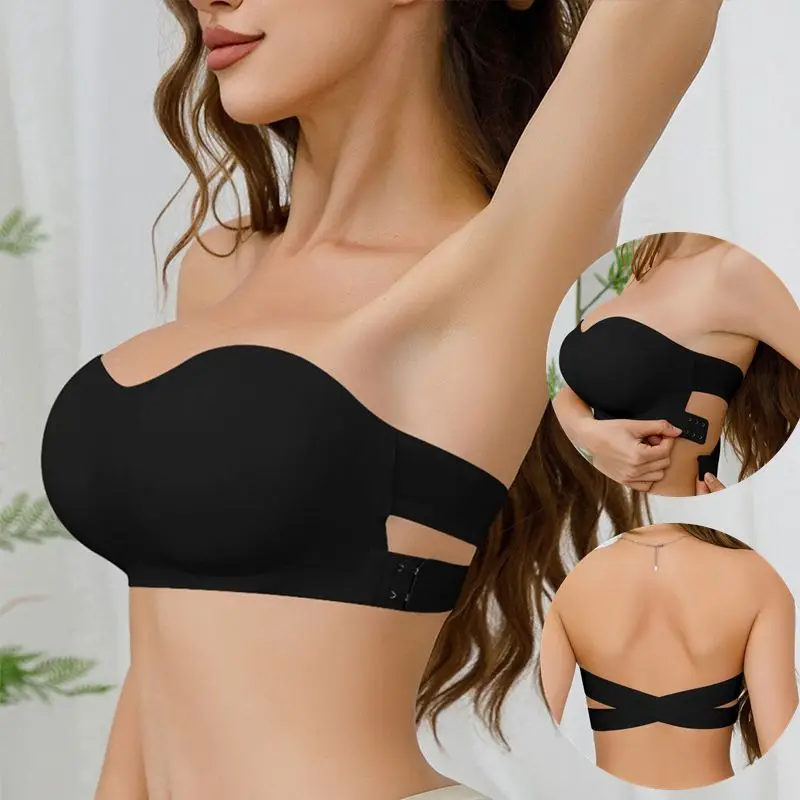 Women's Strapless Seamless Bra Cross Side Buckle Underwear Invisible Seamless Ice Silk Top Gathering