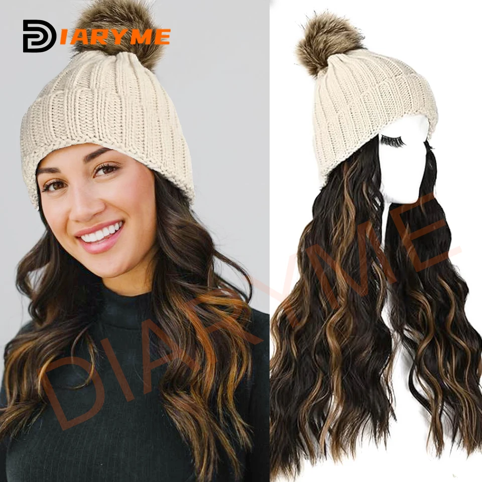 

Synthetic Long Wavy Hair Wigs With Hat Knitted Beanie Wig Cap hair Extensions For Women Girls Black Brown with Blonde Highlight