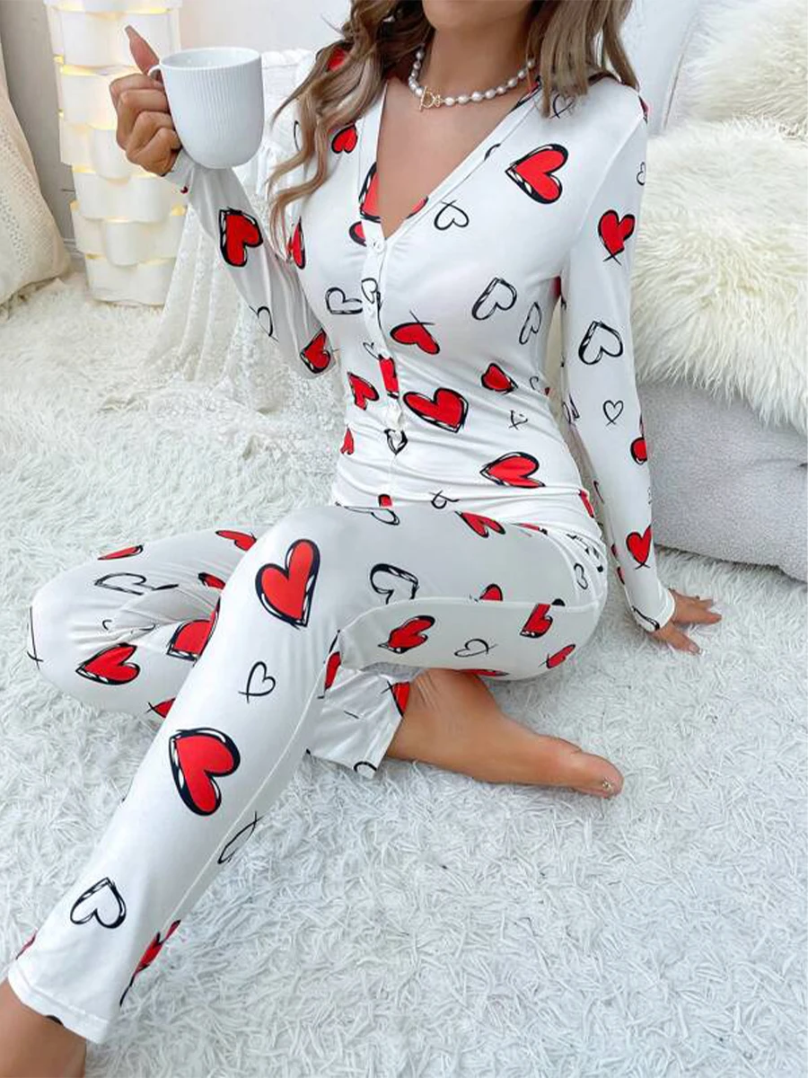 Frauen Valentinstag Herz druck Lounge wear Overall Langarm V-Ausschnitt Front knopf Bodycon Pyjama