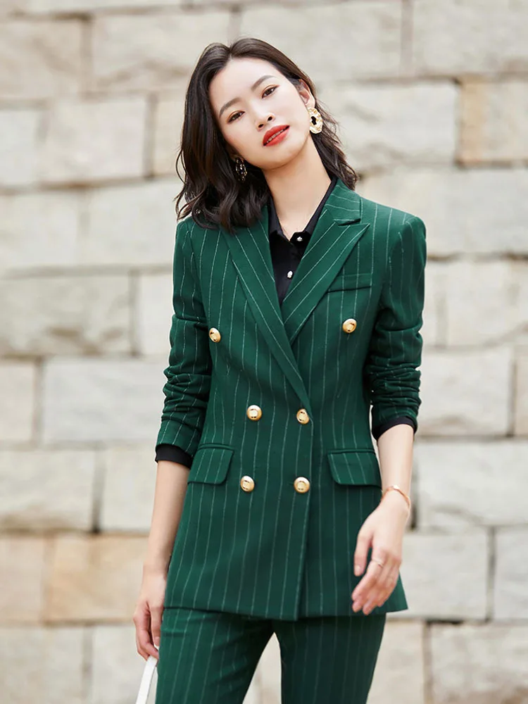 Blazer à double boutonnage à revers pointu pour femmes, ensembles de rayures vintage, pantalon crayon sur mesure, veste décontractée pour dame de bureau, formel, 2 pièces