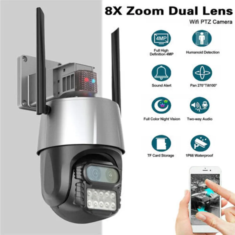 

8MP 4K HD WiFi IP Camera Outdoor 8X Zoom Three Lens Dual Screen PTZ Cam Auto Tracking 8MP Security Video Surveillance CCTV Alexa