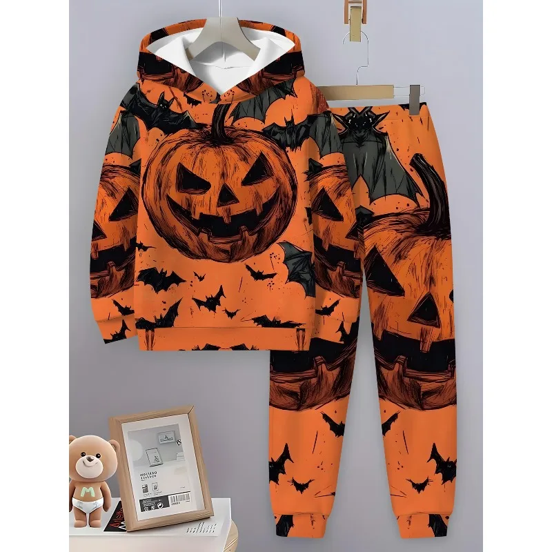 2025 2 قطعة موضة ثلاثية الأبعاد مطبوعة هالوين الخفافيش نمط هوديي غير رسمي الربيع/الخريف ملابس رياضية بأكمام طويلة #4