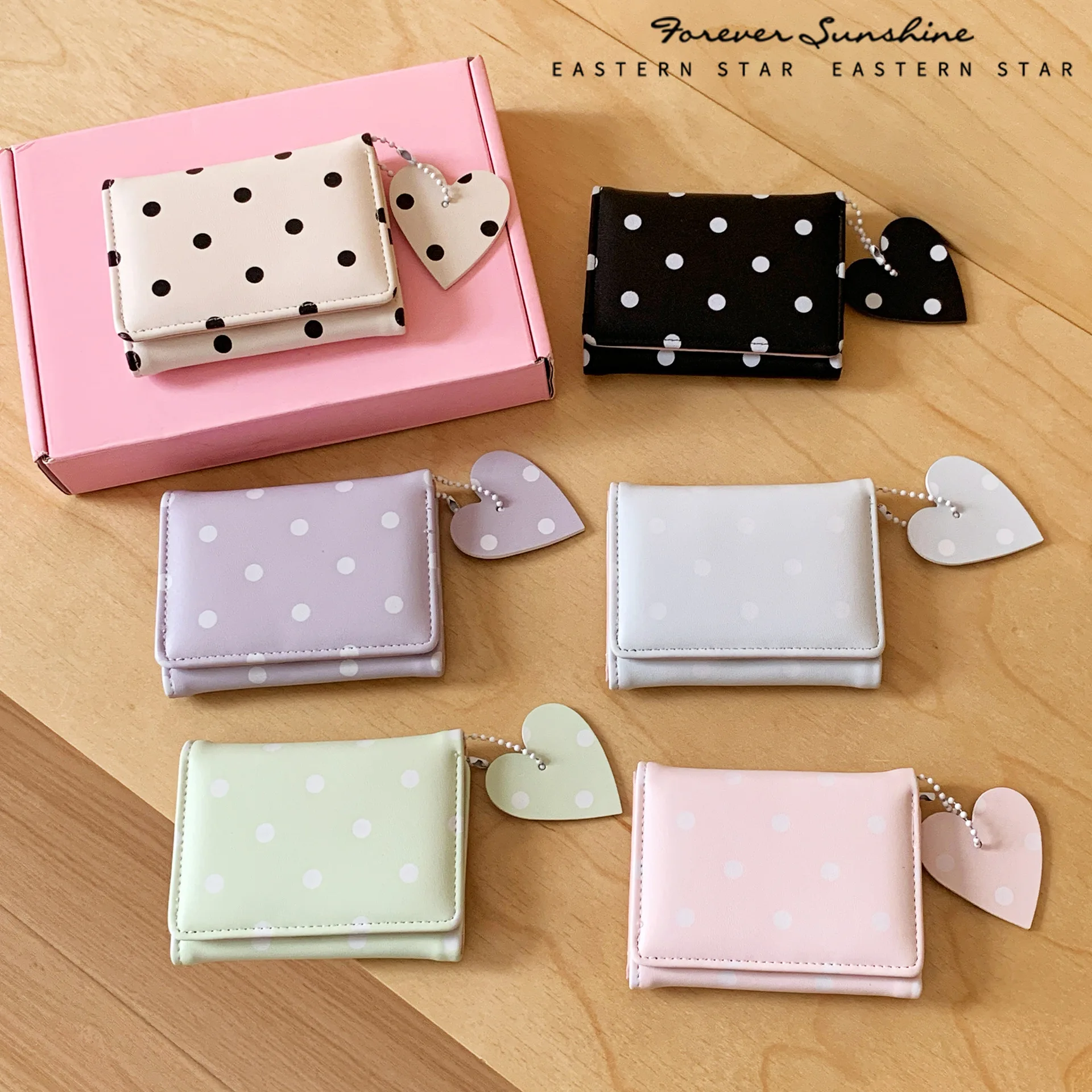 Cute Polka Dot Short Wallet for Women Mini PU Leather Bifold Purse with Heart Pendant Multi-color Small Card Holder Coin Pocket