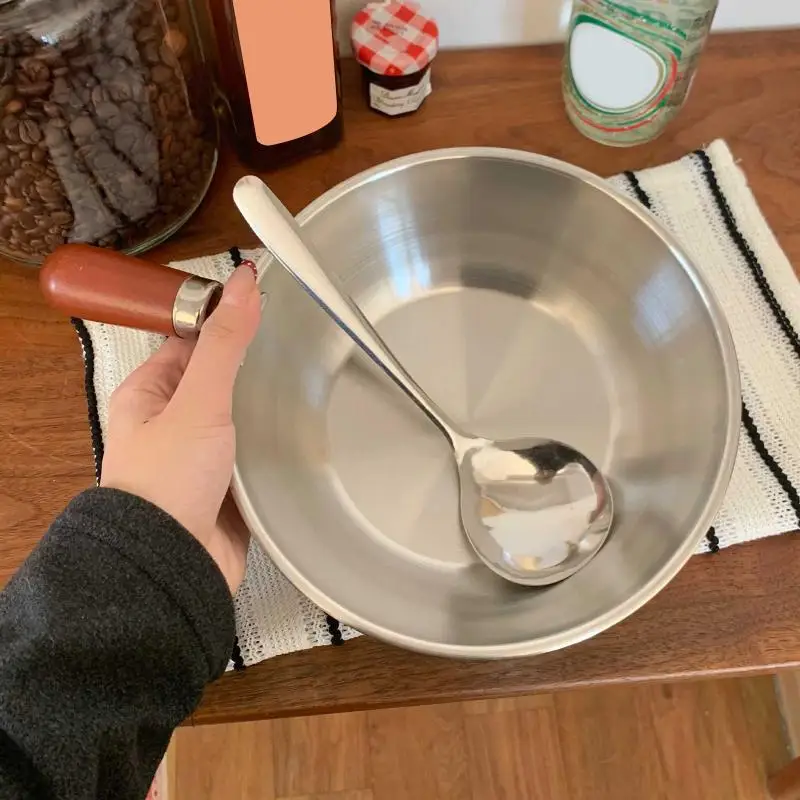 ~New！Stainless Steel Instant Noodle Pot Small Pot For One Person High-value Appearance Wood Handle Snack Pot Small Cooking Pot
