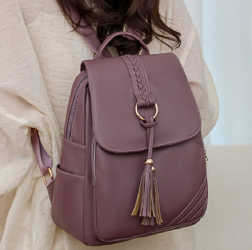 New Fashion Tassels High Quality Leather Travel Backpacks Women's Large Capacity Shoulder Bags Totes Laptop School Bag