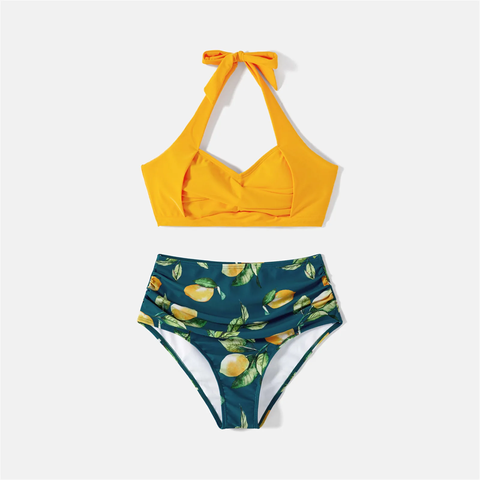 PatPat Family Matching Allover Lemon Print and Solid Halter Neck Two-piece Swimsuit or Swim Trunks Shorts