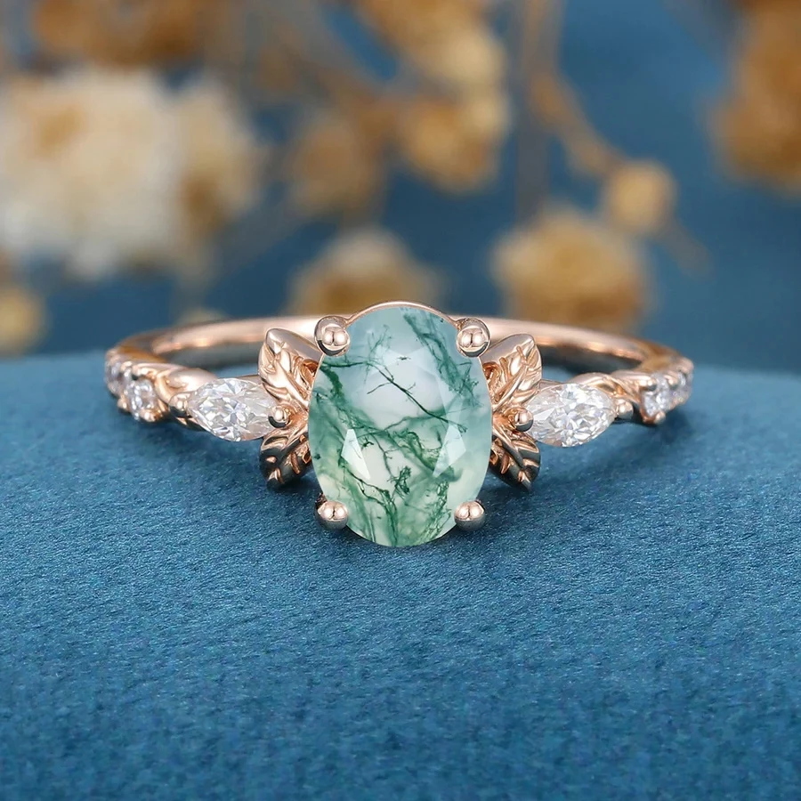 

Classic 925 Sterling Silver Natural Stone Green Moss Grass Agate Ring Marquise Cut Zircon For Women Anniversary Gift Jewelry