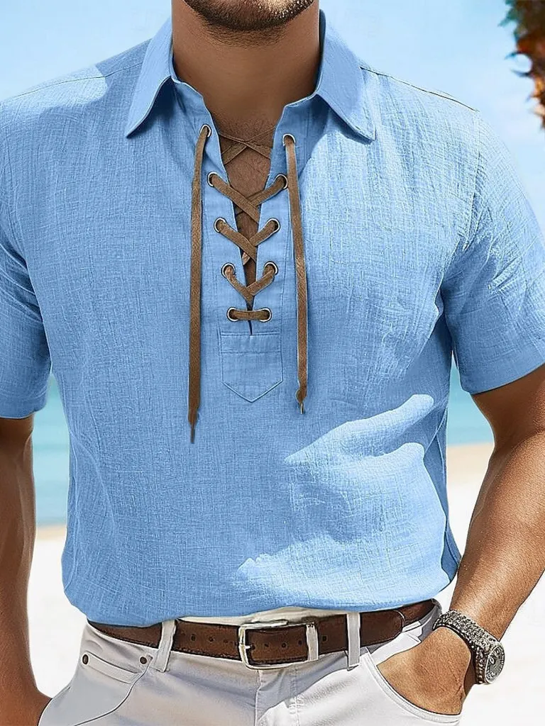 

Cotton Linen Color Short Sleeve Shirt Hooded Breathable Summer Casual Loose Fit Men's Shirt Thin Material Comfortable