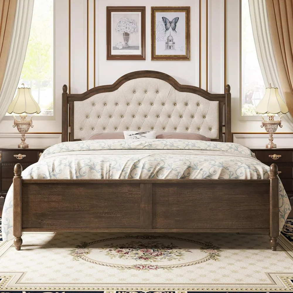 King Size Solid Rubberwood Platform Bed Frame with Upholstered Tufted Linen Headboard - No Box Spring Required