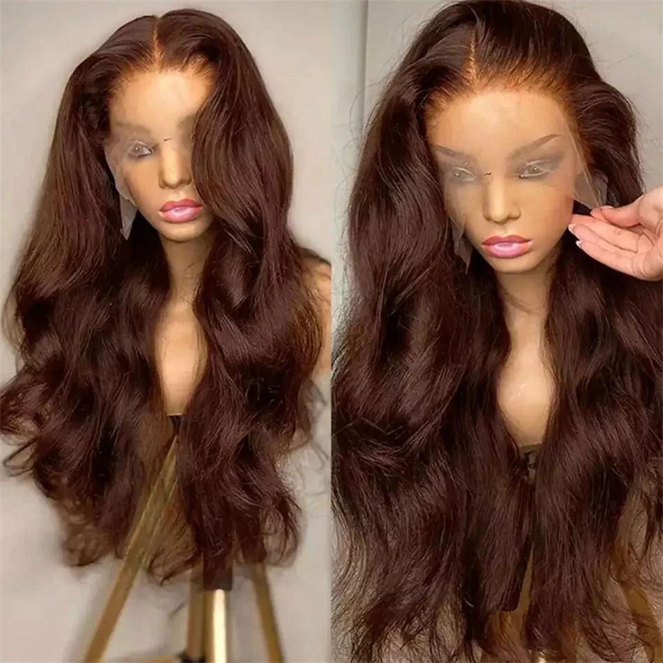 HD 13x6 Chocolate Brown Body Wave Lace Front Wig 30 34 Inch Lace Frontal Wig 100% Human Hair Pre Plucked Colored Human Hair Wig