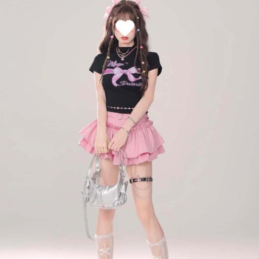 Y2K Ruches A-lijn Rok Hoge Taille Roze Mini Geplooide Rokken Zoete Stijl Zwarte Bubble Rok Dames