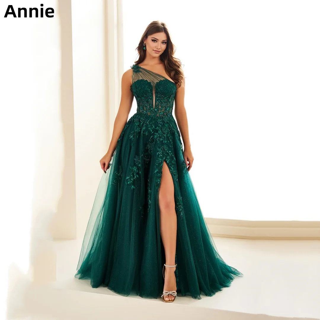 

Annie Green Prom Dresses Glitter Embroidered Tulle Wedding Dress Sexy One Shoulder Slit Robes De Soirée Customized 2025