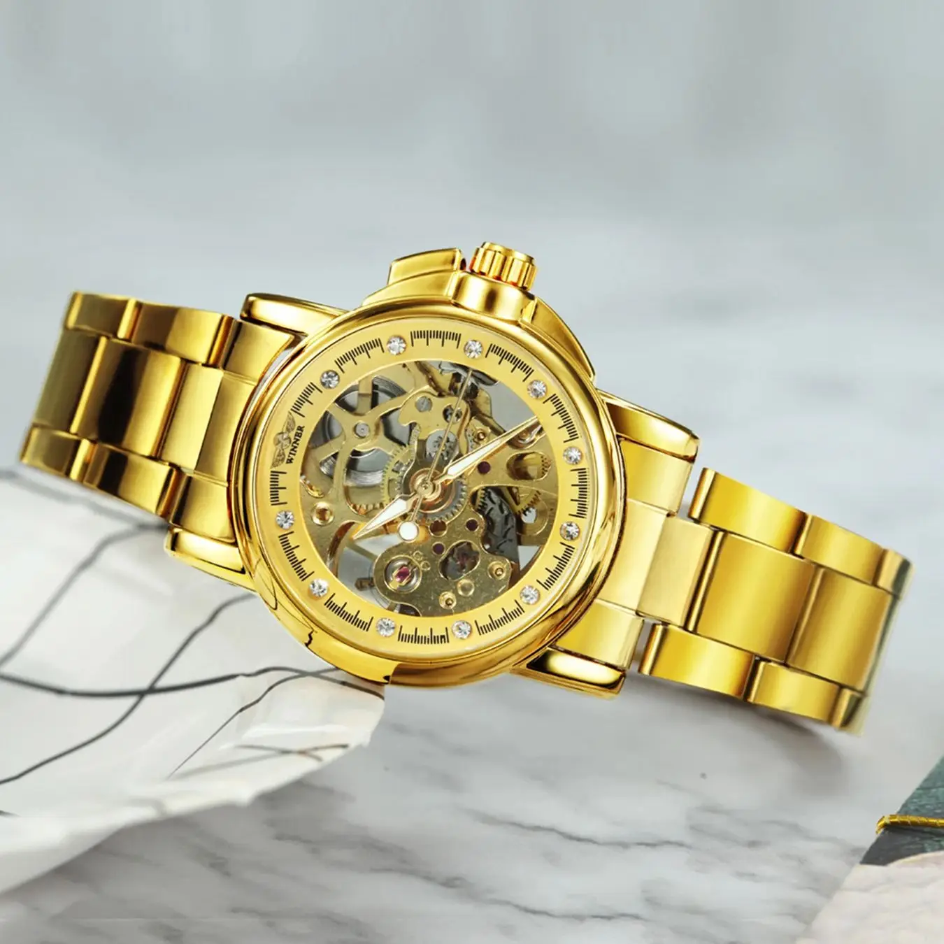 WINNER Fashion Luxury Watch for Women Elegant Gold Skeleton Automatic Mechanical Watches Steel Strap Business Mens Wristwatches