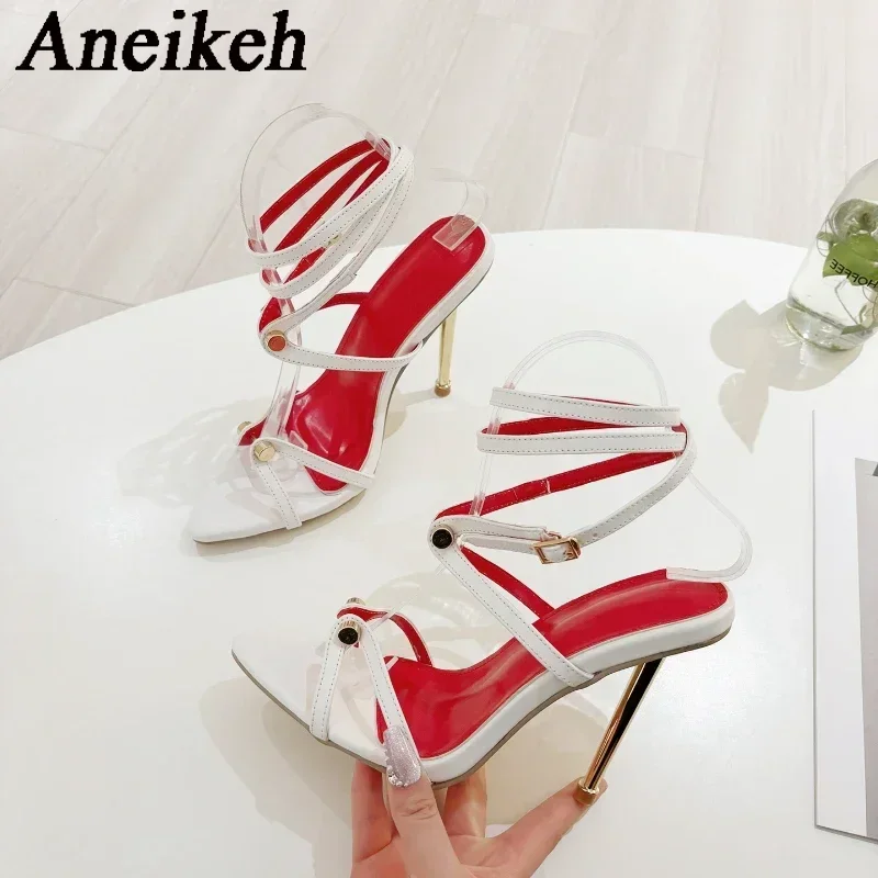 Aneikeh Roman Strap Metal Screw Tip Electroplated Fine Heel Sandals High Heels Wedding Banquet Sexy Pointed Toe Stripper Shoes