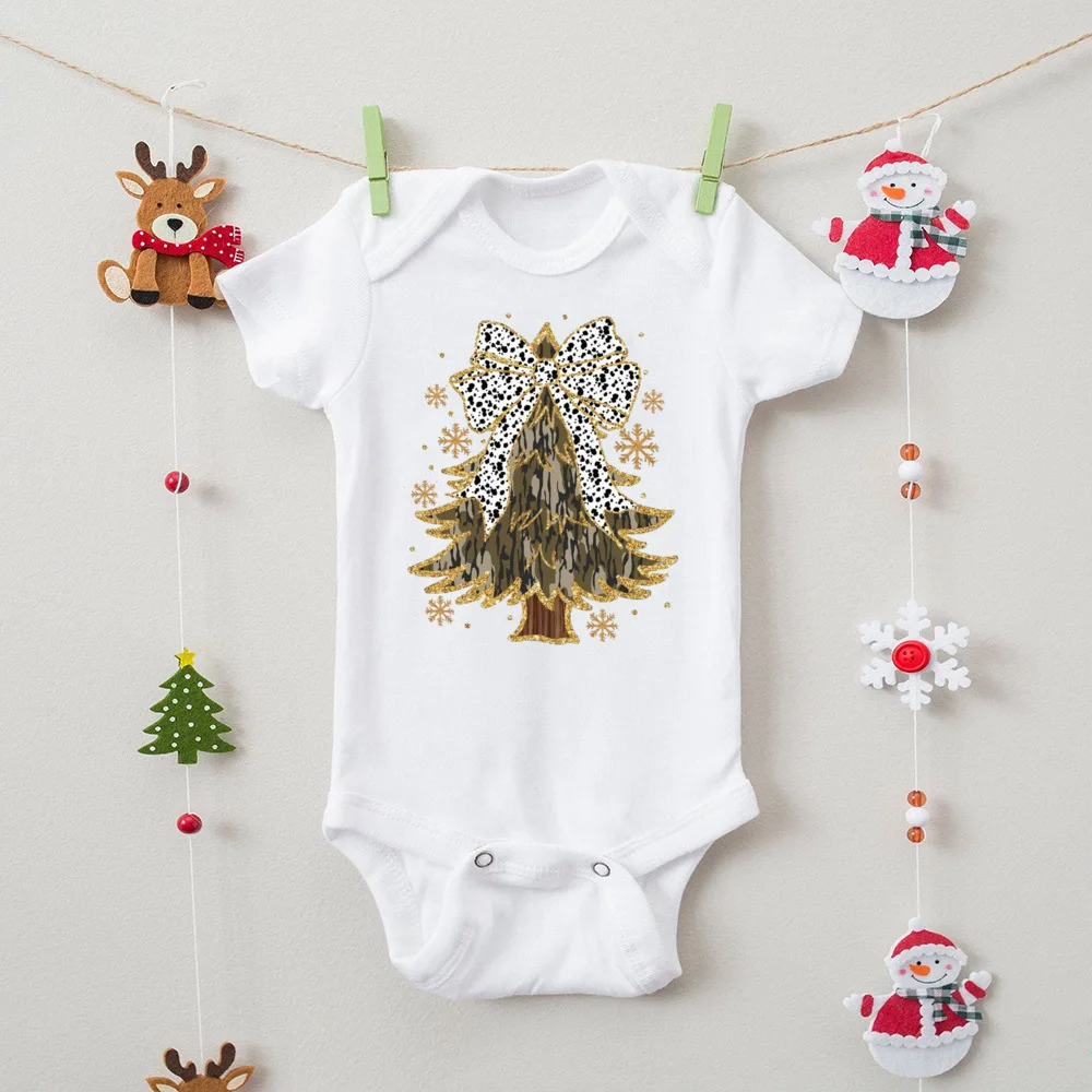 Christmas Tree Bow Printed Baby Badysuit Christmas Vibes Newborn Romper Xmas Party Infant Outfit Newborn Short Sleeve Jumpsuit