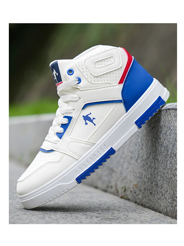 Klassische weiße High-Top-Sneaker für Herren, atmungsaktive Streetwear-Schuhe mit blauen und roten Akzenten – Detail 10