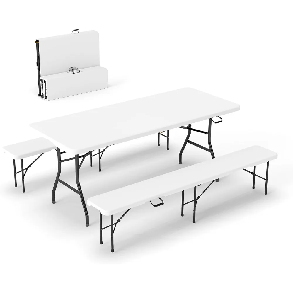 طاولة نزهة مقاس 6 بوصات مع مقعدين، و3 قطع طاولة تخييم قابلة للطي HDPE بيضاء اللون للفناء والحديقة