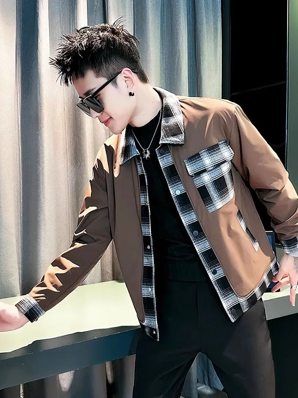 

Trendy Plaid Men's Jaet Spring Autumn Faion Outerwear Slim Fit Long Sve Youth Casual Sle Button Closure Coat