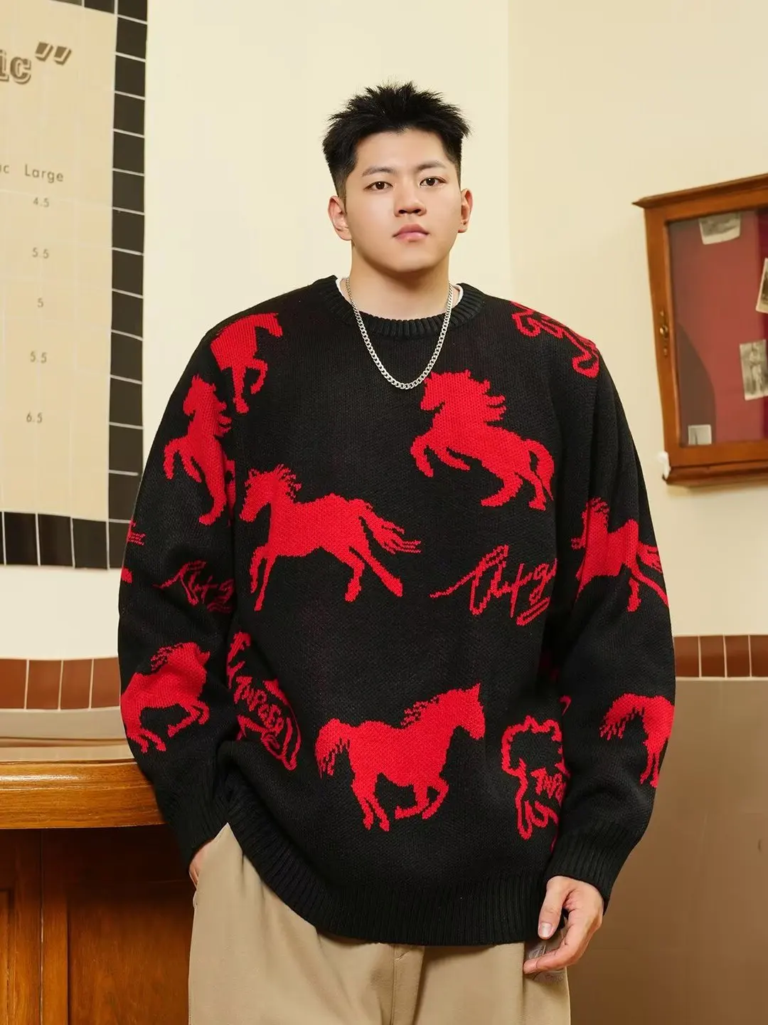 

Trendy plus Size Men's Knitwear round Neck Loose Fit Innerwear Red Color for Chinese Zodiac Year of Winter Casual Style