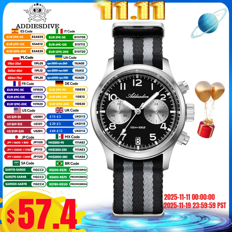 นาฬิกาข้อมือผู้ชาย ADDIESDIVE 39 มม. รุ่น AD2538 ตัวเรือนสแตนเลสสตีล 316L พร้อมสารเรืองแสง BGW9 กันน้ำ 10 บาร์ นาฬิกาโครโนกราฟ ระบบควอตซ์ VK64 ขนาด 39 มม.