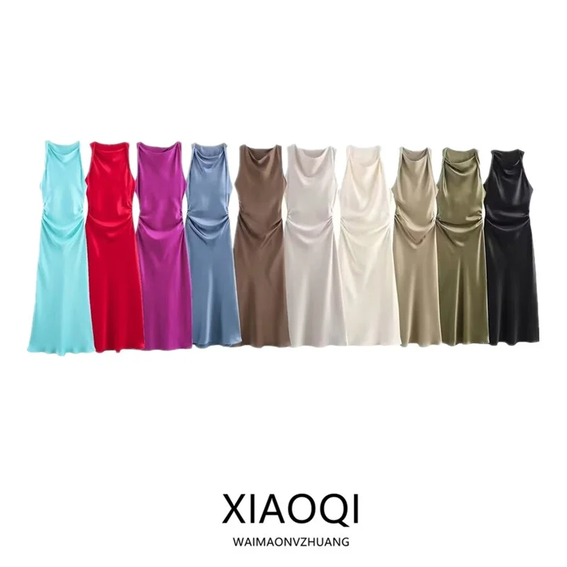 Ele Silk Satin Midi Dr. Frühling 2024 Damen Faion Sli Dr Casual Round Neline Svel Slim Fit H Version