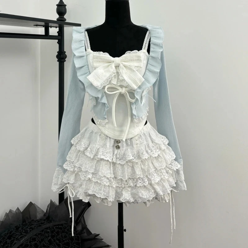 Sweet Slim Bow Vest Top High Waist Kawaii Cake Skirt Suits Lolita Style Sweet 3 Piece Set Women Korean Lace Up Ruffles Cardigan