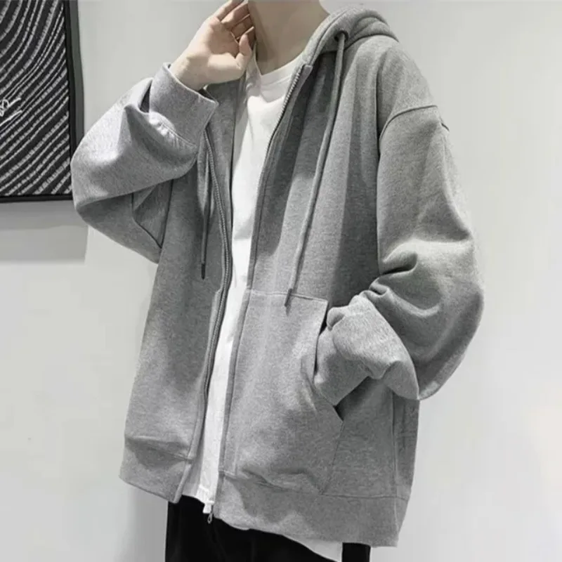 High Street Hoodie Men Retro Zip Up Long Sleeve Loose Jacket Coats Harajuku Casual Gothic Hooded Sweatshirt Y2K Streetwear