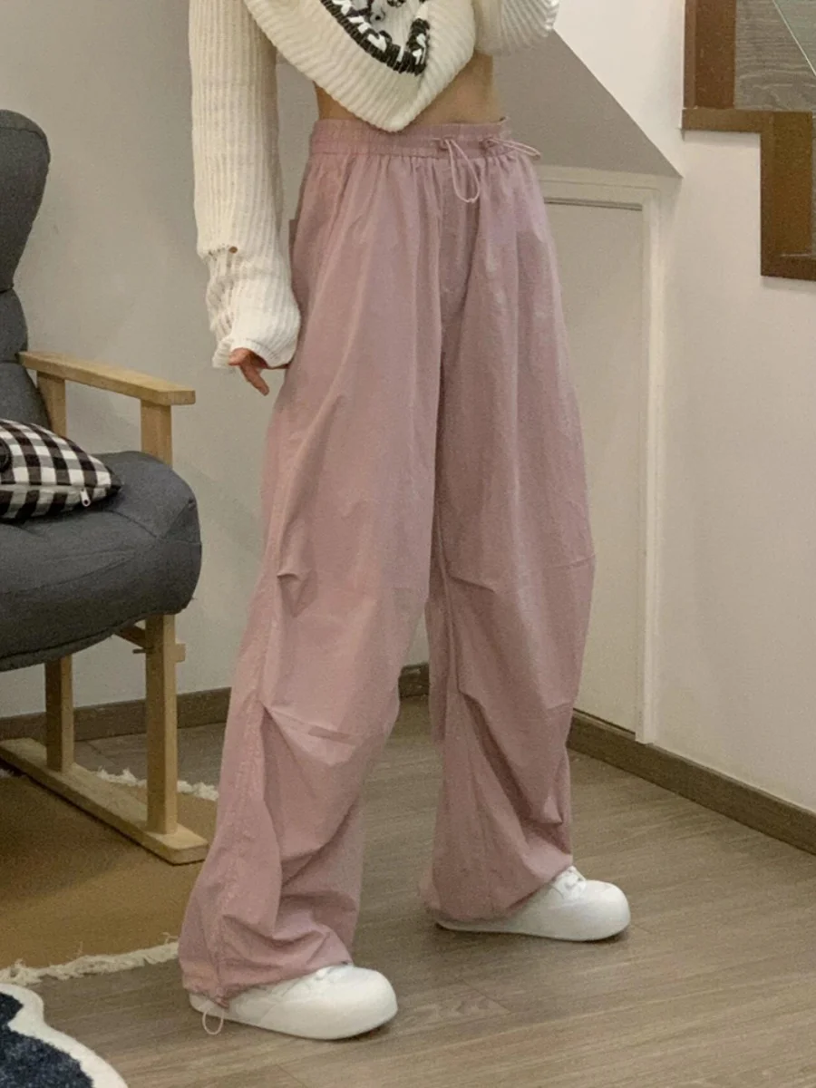 

American Retro Pink Workwear Paratrooper Pants Women Summer Wide Leg Cuffed Thin Casual Floor-Length Trendy Trousers