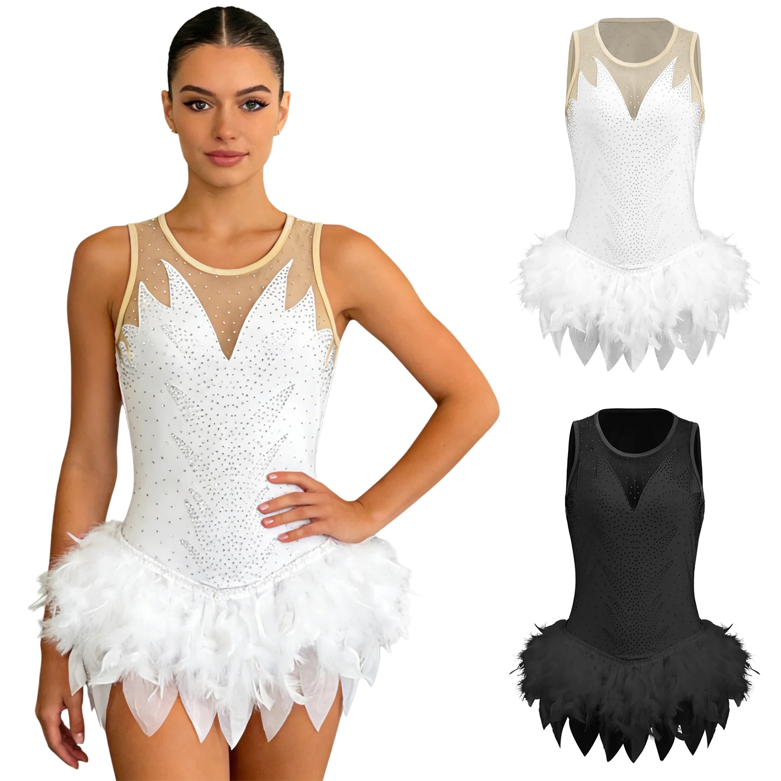 

Женский балетный/гимнастический танцевальный купальник с юбкой и перьями, сетчатый леотард со стразами и пуговицами на промежности, костюм для выступлений с туту