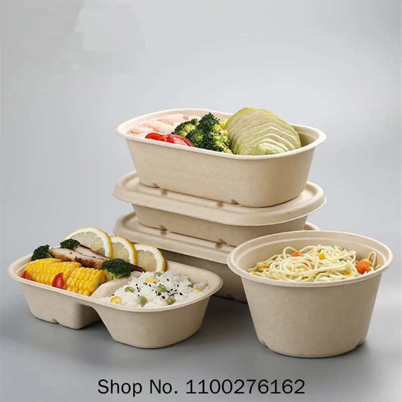 10pcs Disposable Biodegradable Lunch Box Salad Packaging Box Light Meal Food Box Takeaway Rectangular Pulp Cup with Lid