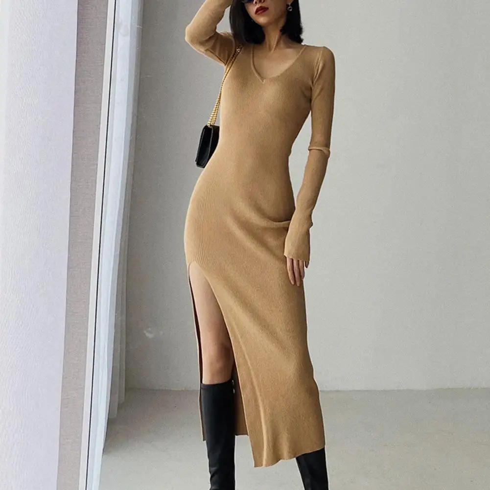 Knitted Split Dress Elegant V-neck Knitted Maxi Dress with Side Split Hem High Waist for Women Winter Autumn Slim Fit Solid