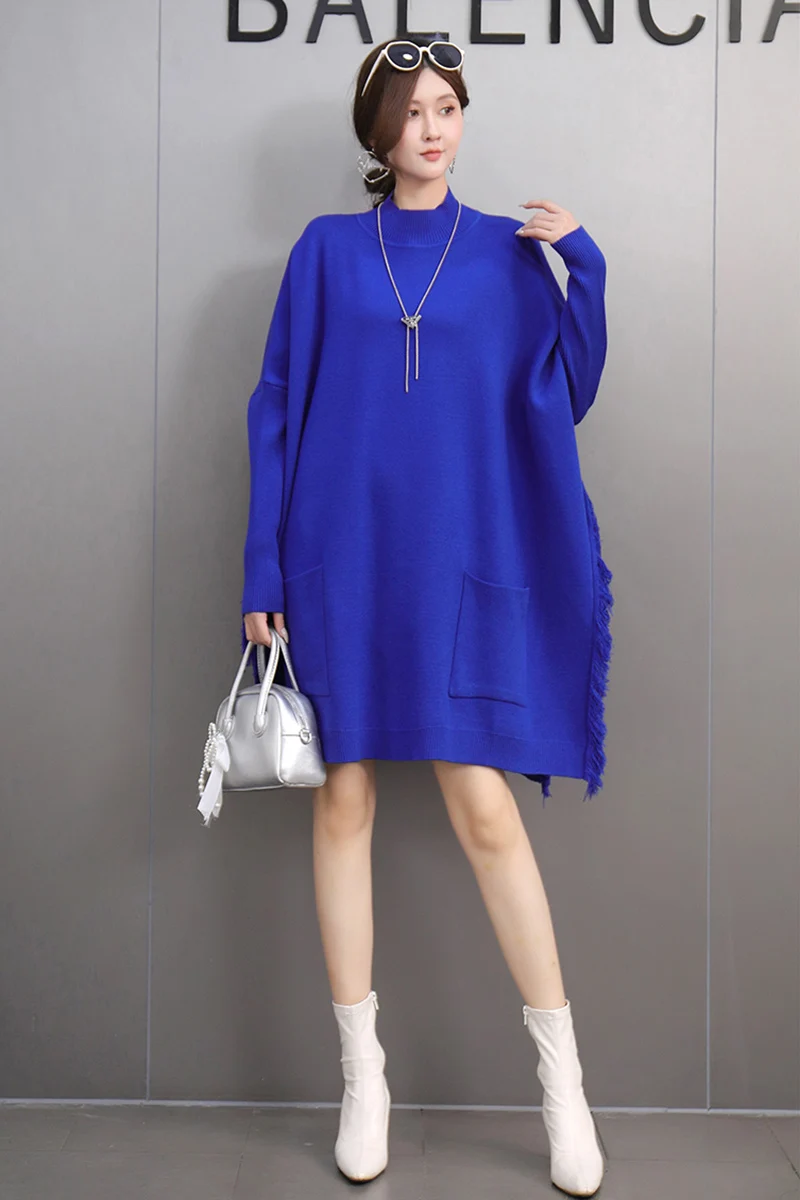 2024 Winter New Elegant Temperament Cape Sweater Loose Batwing Sleeve Knitted High Neck Sweater J594