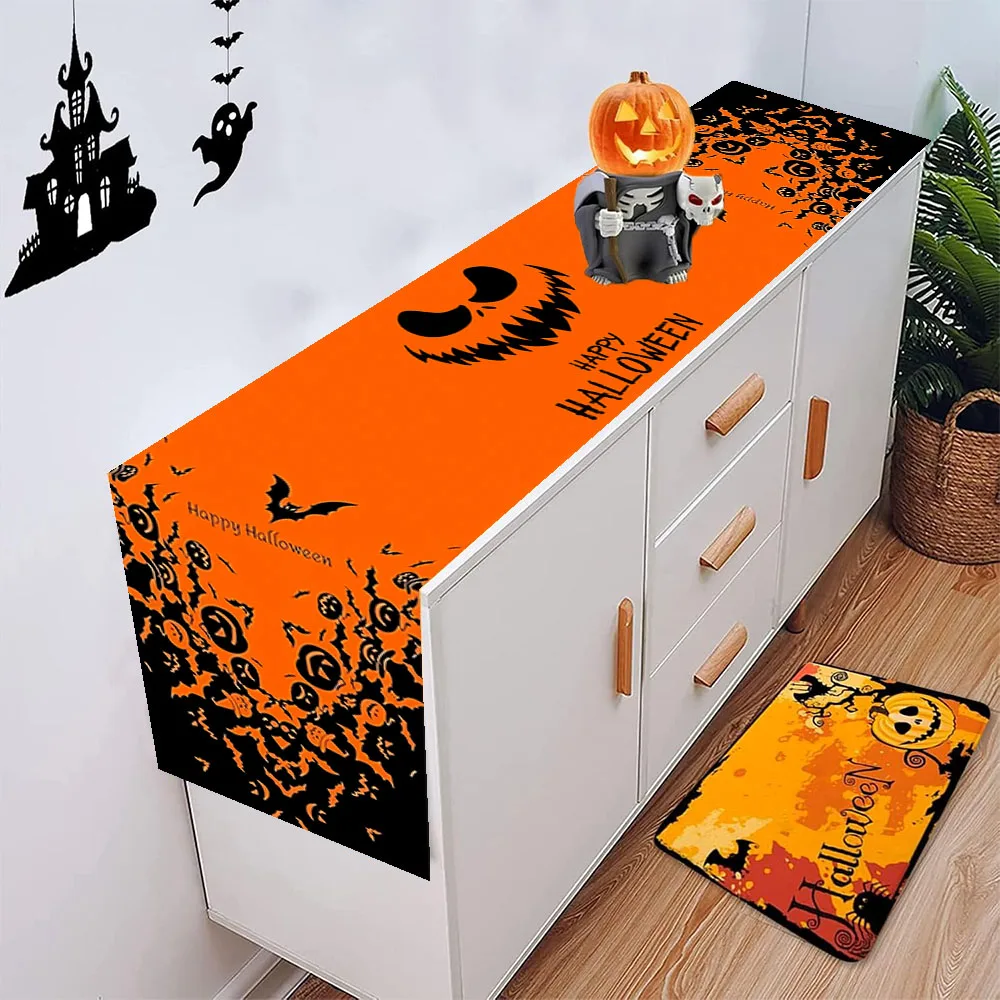 Chemin de table d'Halloween avec motifs Jack O' Lantern, chauve-souris et crâne, style gothique, pour salle à manger, buffet, banquet, fête, décoration de table et de la maison