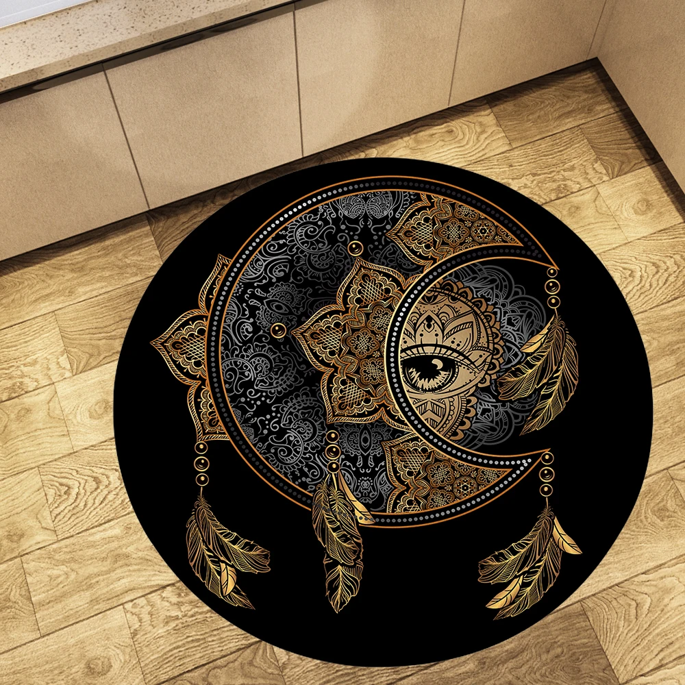 

Golden Moon Star Round Rug House Sofa Carpet Home Living Room Bedroom Bathroom Floor Mats Feather Demon Eyes Area Soft Round Rug