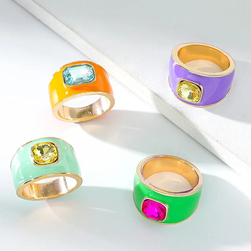 

New INS Rainbow Colorful Drop Oil Enamel Irregular Crystal Rhinestone Zircon Round Wide Metal Ring For Women Men Wedding Jewelry