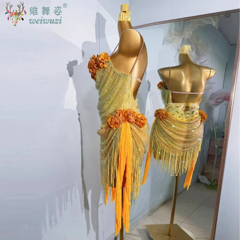 Latin Dance Performance Costume Diamond Female Adult Children High End Customized Flower Collar Fringed Dress Samba Flash Dress
