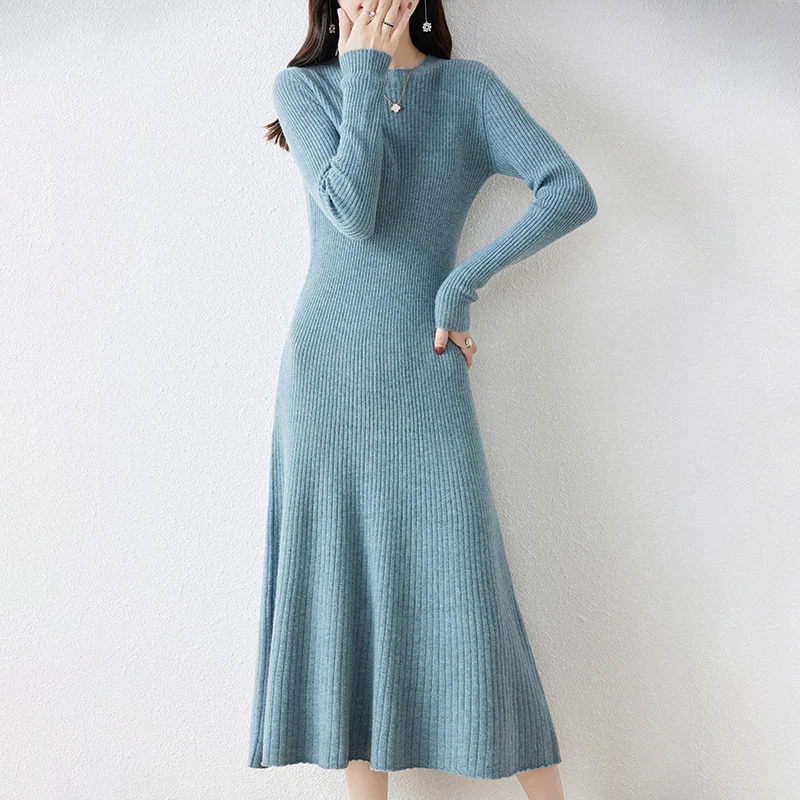 Winter/ Autumn Oneck Female Dresses 100% Wool Knitted Dress For Women 2023 New Arrival  Long Style 6Colors Jumpers SY01