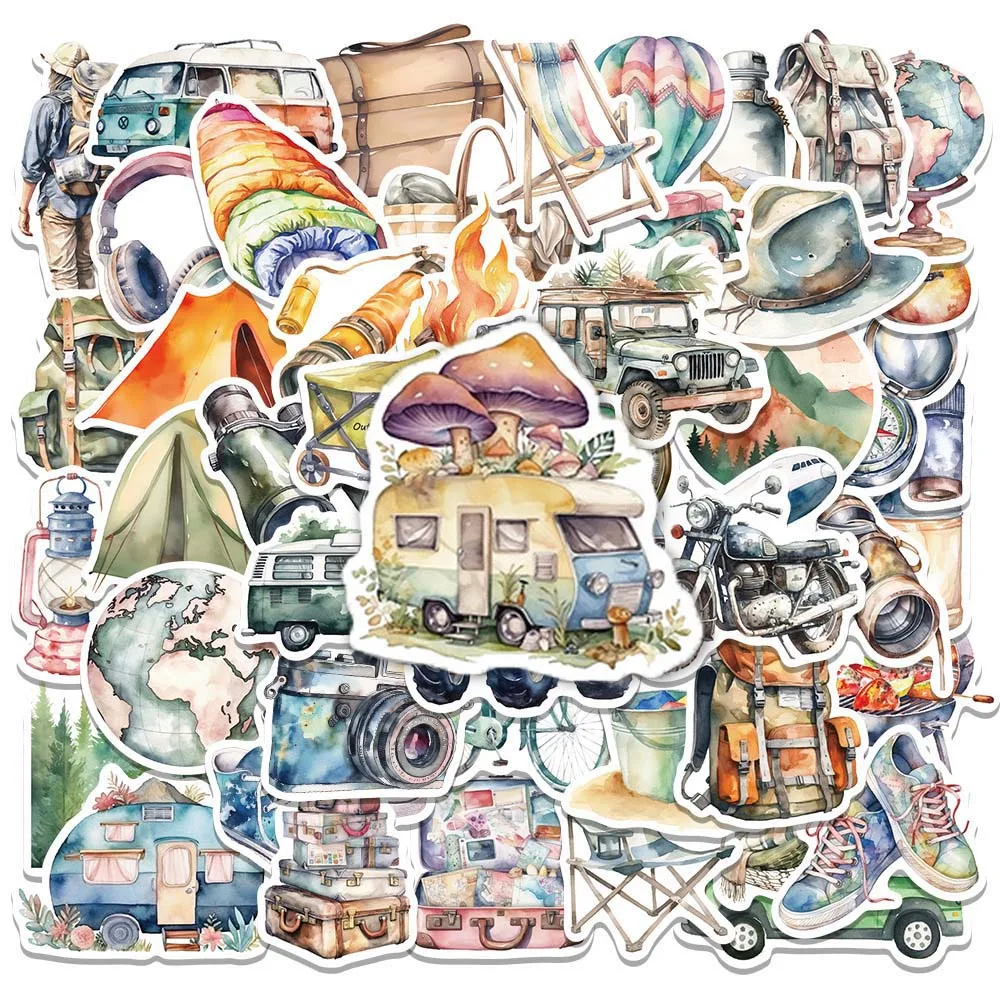 10/50Pcs Retro Outdoor Travel Watercolour Varied Sticker Pack for Kids Scrapbooking Travel Luggage Wall Graffiti Sticker Decals