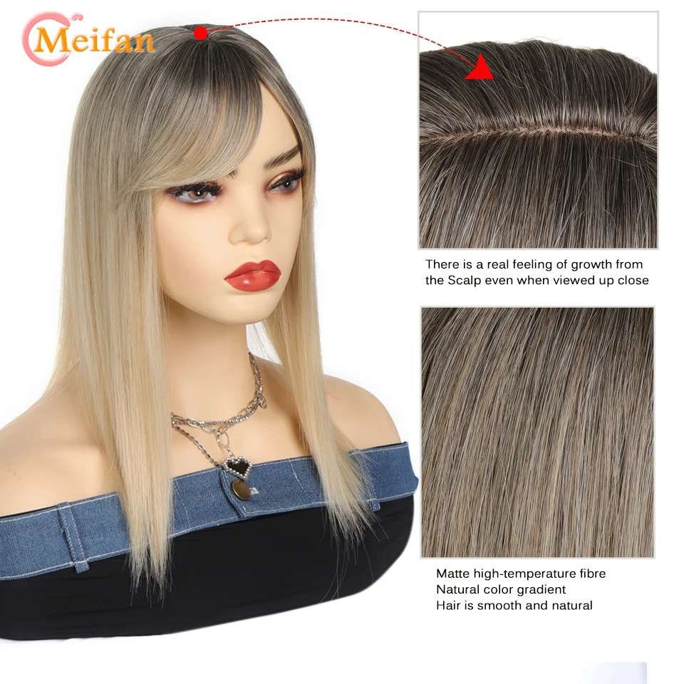 MEIFAN-Extensões de cabelo longas e retas, topper de cabelo sintético, peruca falsa, preto e marrom, 3-Clip com estrondo