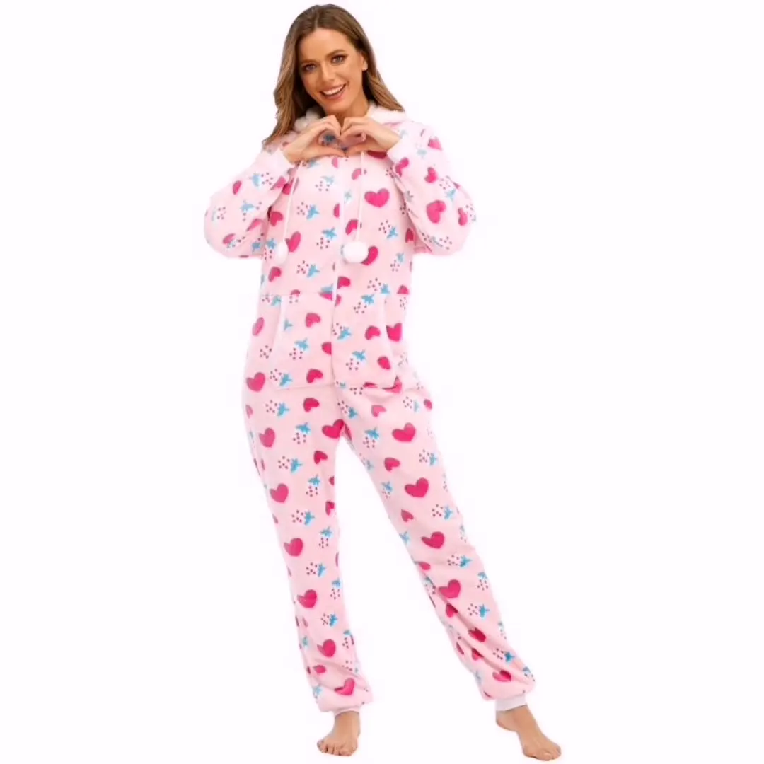 Women's Thickened Warm Pink Heart Flannel Hooded Bodysuit Pajamas 1PCS Home wear Girl's Cute Large Size Sleepwear Comfortable