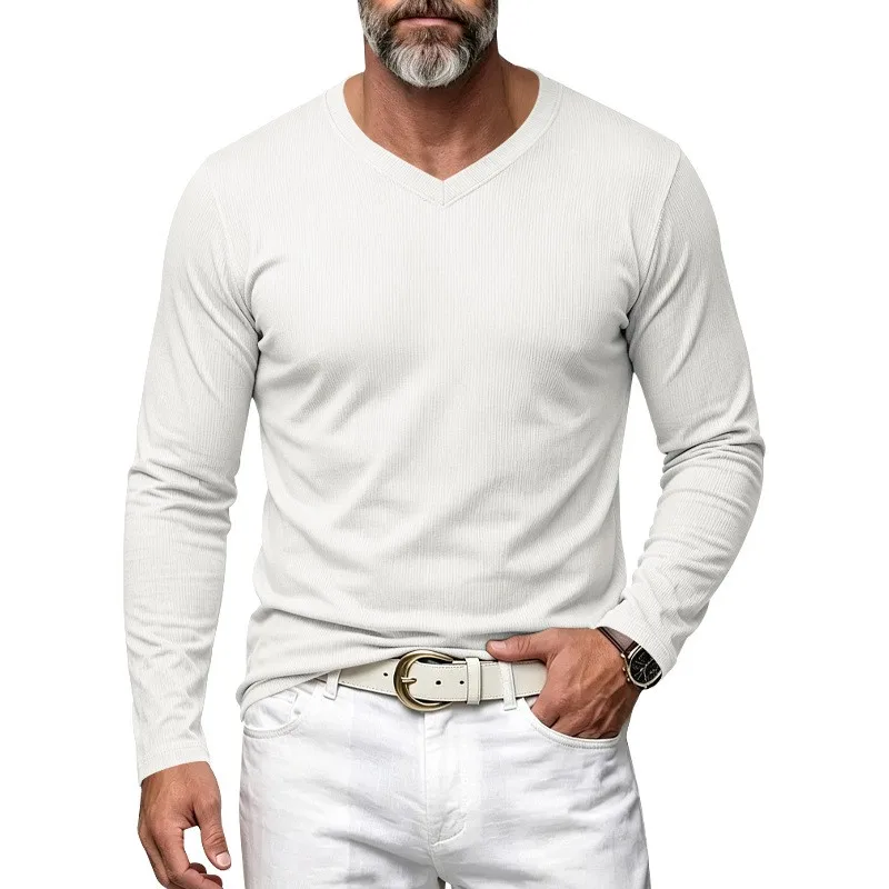 Herren Einteiliges Herbst- und Winter-Unterhemd mit V-Ausschnitt, Lässiges Loses Strick-Langarm-T-Shirt, Weiches und Dehnbares Basic-Layering-Oberteil – Detail 3