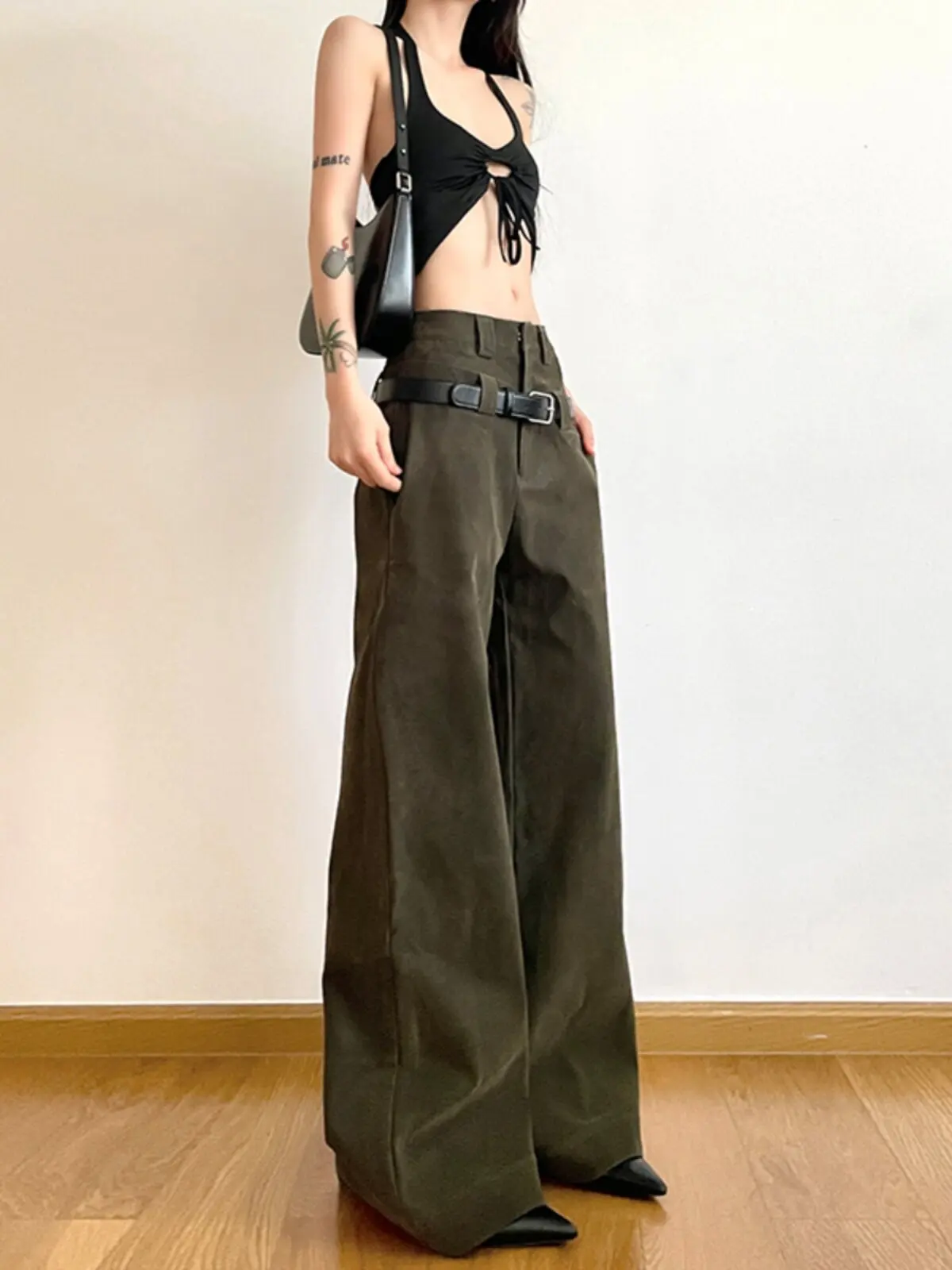 Autumn Winter Women's PU Pants Low Rise Goblin Core Faux Leather Trousers Bell Bottom Gothic Japanese Y2k Stretch 2000s New