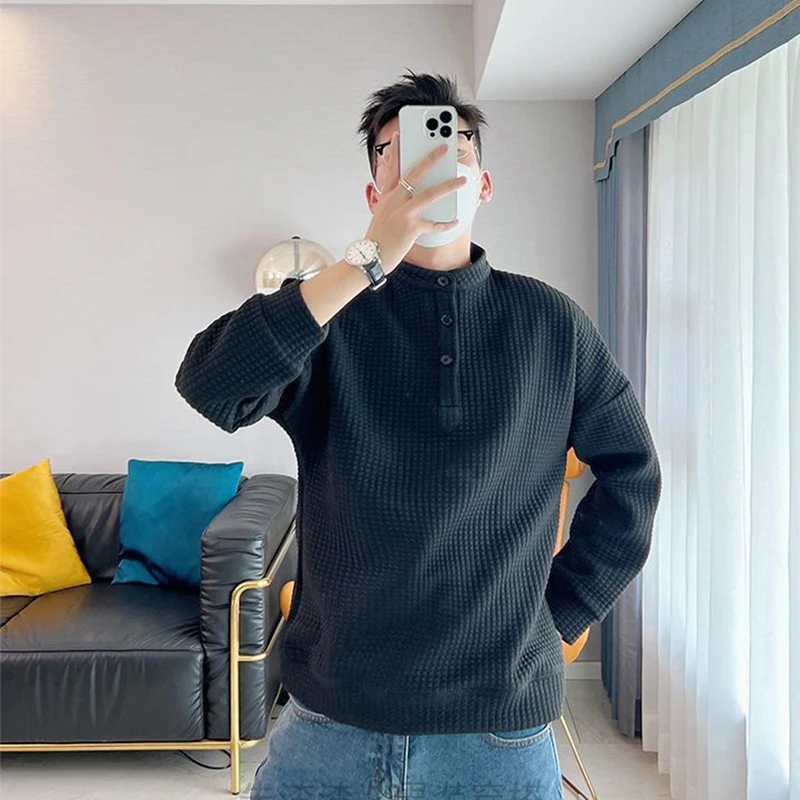 Spring Autumn Waffle Plaid Men Long Sleeve Henry Collar Sweatshirt Fashion Literary Casual 2xl Oversized Clothes Top Black White