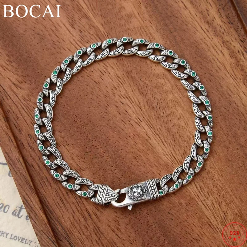 BOCAI S925 Sterling Silver Bracelets for Men Retro Emboss Lion Heads Eternal Rattan Pattern Cuban Link Chain Jewelry Wholesale